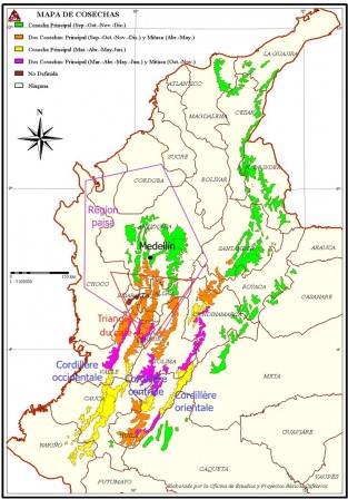 Nombre et saisons de récoltes de Café en Colombie selon la région