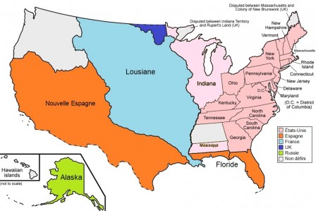 Le territoire des États-Unis actuels en mars 1803 : 1/3 étatsunien, 1/3 espagnol, 1/3 français