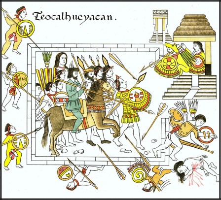 Prise de Teocalhucyacan. La Malinche assiste ou guide Cortés et les conquistadors (Lienzo de Tlaxcala, XVIe siècle)